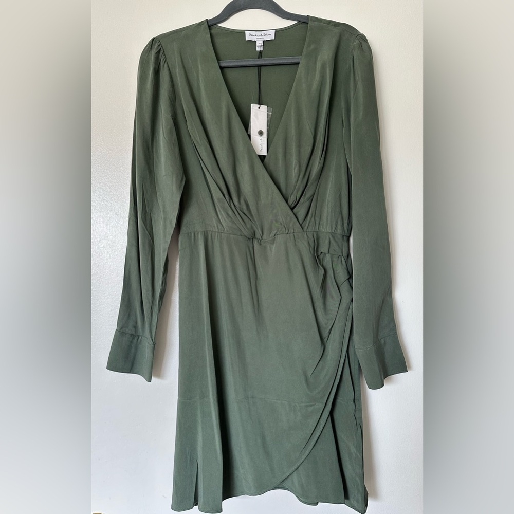 Long-sleeve Michael Stars Mary Surplice Dress Tarragon Green, Size 4